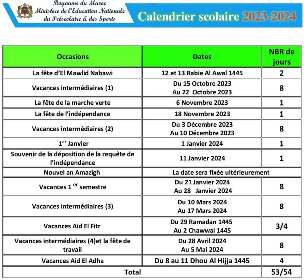 لائحة العطل المدرسية 2023 2024 الرسمية الجديدة بالمغرب
